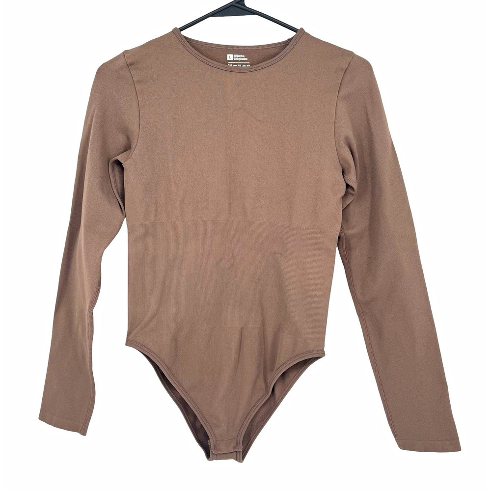 Women's Brown Seamless Long Sleeve Bodysuit Sz L Stretchy Ribbed Y2K Minimalist